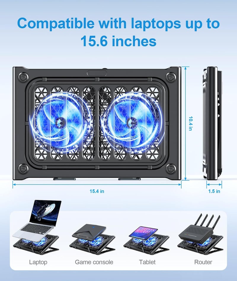 MOKURU Laptop Cooling Pad Stand, Laptop Cooler with 2 Silent Fans for 10-15.6 Inch Laptops,6 Levels of Height Adjustable Wind Speed with 2 USB Ports (Black) - Image 2